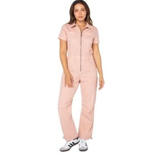 Celebrity Pink Jumpsuit Overalls Sz XL Denim Short Sleeve Pockets Trendy Colorfu